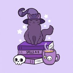 a cat sitting on top of books with a cup of coffee in front of it