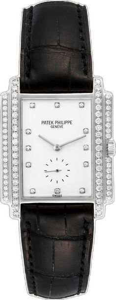 Elegant White Rectangular Diamond Watch, Classic White Gold Rectangular Watch Accessories, Classic Rectangular White Gold Watch Accessories, White Rectangular Dial Watch Accessories For Business, Formal White Rectangular Diamond Watch, White Rectangular Diamond Watch For Formal Occasions, Modern White Diamond Watch With Rectangular Dial, White Rectangular Anniversary Watch, Timeless White Rectangular Watch