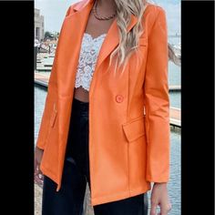 Orange Cross Jacket, Shein Jackets, Suit Jackets, Color Orange, Blazer Suit, Pu Leather, Suit Jacket, Jackets For Women, Jackets & Coats