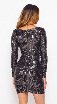 Sequin dress Cut out front bustier Back zipper closure Long sleeve Model is wearing size Small Sequin Bustier, Sleeve Model, Black Mesh Dress, Knot Dress, Black Sequin Dress, Bustier Dress, Dress Cuts, Ruched Dress, Black Sequins