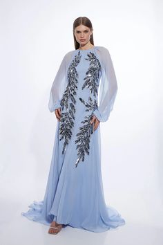 Feather Embellished Woven Long Sleeve Maxi Dress | Karen Millen Capsule Wardrobe Dresses, Latest Maxi Dresses, Summer Bridesmaid Dresses, Spring Wedding Guest Dress, Maxi Dress Collection, Ibiza Outfits, Formal Wear Dresses, Fall Wedding Guest Dress, Petite Skirt