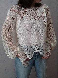 Sweater for summer/spring. Made from a beautiful cotton,vintage lace  this is the perfect sweater for spring, or slightly cooler summer days.  The picture is just an example. We can make exactly the same model with your desired measurements and in your favorite color. Made to order within 14 days. Yarns available:  cotton To success in each order we need to receive your measurements, in inches or centimeters: Your Height Your Bust Your Waist Your Hip Standard sizes are available: EUR:36 | UK:10 | US:6 EUR:38 | UK:12 | US:8 EUR:40 | UK:14 | US:10 EUR:42 | UK:16 | US:12 If you are interested in other sizes, please contact us. We use Pay Pal, also we gladly accept Visa, Master Card, American Express or International Bank Transfer. Please contact us for other payment method. Click here to see Crochet Lace Top For Fall, Spring Crochet Crew Neck Sweater, Spring Bohemian Open Knit Sweater, Open Knit Long Sleeve Blouse For Fall, Fall Open Knit Long Sleeve Blouse, Bohemian Crochet Lace Sweater For Fall, Long Sleeve Open Knit Blouse For Fall, White Long Sleeve Knit Blouse, Fall Bohemian Crochet Lace Sweater