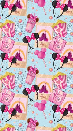 an image of a pattern with minnie mouses and castle in the background on a blue background