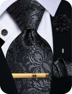 Black Tie Dark Grey Jacquard Floral Necktie Set for Men's Suit Formal Suit And Tie Accessories For Father's Day, Formal Ties For Father's Day, Dapper Suit And Tie Accessories For Father's Day, Formal Gold Tuxedo Sets, Black Tie With Pocket Square For Black-tie Events, Black Tie And Pocket Square Set, Elegant Formal Ties For Father's Day, Classic Black Pocket Square, Classic Gold Formal Sets