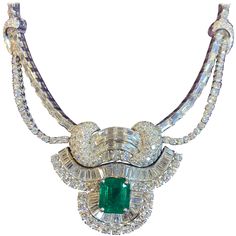 Emerald & Diamond Necklace Gold Type: Platinum Emerald Weight: Approx 5.48 Cts Diamond Weight Approx: 26.00 Cts Measurements: 14.5" in diameter Emerald Diamond Necklace, Diamond Necklace Gold, Night Luxe, Emerald And Diamond Necklace, Ruby Diamond Necklace, Goth Wardrobe, Platinum Necklace, Drop Necklaces, Solitaire Diamond Pendant