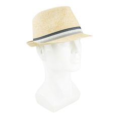 Dockers defines cool style with this striped band straw fedora hat. FEATURES 5" H x 9.5" W x 11" L 1.75-in. brim Classic lightweight fedora hat silhouette with teardrop crown Crafted in two tone natural straw Tri-color blue and white striped cotton band at base of crown Interior twill sweatband Curved brimFIT & SIZING S/M: 22.75-in. inner circumference L/XL: 23.5-in. inner circumferenceFABRIC & CARE Straw Spot clean Imported Color: Dark Beige. Gender: male. Age Group: adult. Adjustable Striped Straw Hat For Vacation, Adjustable Striped Straw Sun Hat, Striped Fedora Sun Hat For Vacation, Striped Fedora Sun Hat For Beach, Striped Wide Brim Straw Sun Hat, Striped Sun Hat With Curved Brim For Summer, Striped Straw Hat For Summer Vacation, Striped Brimmed Sun Hat For Summer, Striped Wide Brim Summer Hat