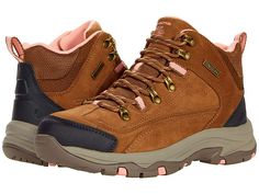 SKECHERS Trego - Alpine Trail - Women's Shoes : Brown : The SKECHERS Trego - Alpine Trail boot will update your trail-ready look with a waterproof finish, ankle height, and optimal comfort features. Waterproof, smooth suede upper features mesh panels and synthetic overlays. Lace-up design for a secure fit. Rounded toe with rubber reinforcement. Seam-sealed waterproof construction. Relaxed fit design provides a roomier fit. Rear pull-tab offers easy entry. Padded tongue and collar. Signature logo Brown Womens Shoes, Camping Fun, Shoes Brown, Hiking Women, Pull Tab, Signature Logo, Hiking Boots, Women's Shoes, Shoe Boots