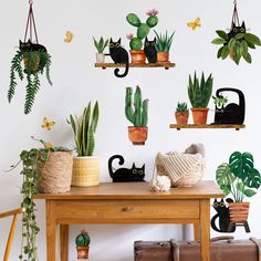 a wooden table topped with potted plants next to a wall mounted on the side of a white wall