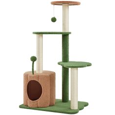 a cat tree with two scratching posts and a ball hanging from it's top