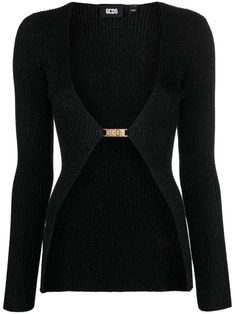 black ribbed knit gold-tone logo lettering lurex detailing plunging V-neck long sleeves straight hem Fitted V-neck Luxury Cardigan, Luxury Black V-neck Sweater, Luxury Winter Party Tops, Elegant Black Ribbed Cardigan, Luxury Long Sleeve Cardigan For Evenings, Luxury Long Sleeve Cardigan For Evening, Logo Items, Airport Fashion, Cardigan Black