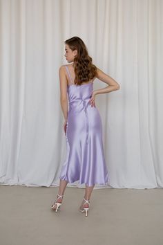 Lilac Satin Dress Lavander Dress Kelly Dress Silk Slip Dress Satin Slip Bridesmaid Dress Cowl Neck Midi Dress Silk Gown Kelly Dress - Etsy Ukraine Solid Color Satin Midi Dress With Spaghetti Straps, Midi-length Satin Slip Dress In Solid Color, Solid Satin Slip Dress, Midi Length, Solid Color Satin Midi Slip Dress, Feminine Midi Length Slip Dress With Bias Cut, Feminine Midi-length Bias Cut Slip Dress, Feminine Bias Cut Midi Slip Dress, Satin Slip Dress For Spring Wedding Guest, Purple Satin Midi Dress For Evening