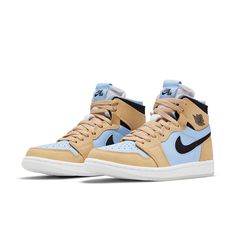 (WMNS) Air Jordan 1 High Zoom Comfort High 'Psychic Blue Sesame' CT097-KICKS CREW Breathable Leather Jordan Shoes With White Sole, Wmns Air Jordan 1, Retro Basketball Shoes, Black Sesame, Air Jordan 1 High, Jordan 1 High, Round Toe Heels, Leather Fabric, Air Jordan 1