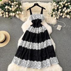 Elegant Black and White Lace Strap Dress Lace Tube Top, White Lace Midi Dress, Evening Party Dresses, Dress Sets, Out Dress, Chic Sundress, Evening Party Dress, Dress Set, Spaghetti Strap Dresses