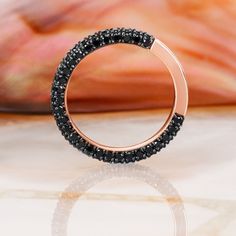 Unique Natural Black Diamond Stackable Wedding Ring Made of Solid 14k Gold, Black Diamond Eternity Ring, Two-Row Black Diamond Promise Ring, Unique Statement Diamond Jewelry for Women. This two-row round-cut natural black diamond stackable wedding ring is sure to make a statement- designed with two rows of stunning black diamonds to sit perfectly with your matching engagement ring. Black diamonds have a magnetic shine and unique spark, they can glow in the distance - even when it's dark. This un Rose Gold Jewelry With Black Diamonds, Black Diamond Half Eternity Jewelry, Luxury Black Stackable Rings For Anniversary, Rose Gold Rings With Black Diamonds For Gifts, Luxury Black Spinel Promise Ring, Anniversary Rose Gold Jewelry With Black Diamonds, Black Pave Setting Jewelry For Wedding, Luxury Black Spinel Jewelry For Wedding, Luxury Black Spinel Round Ring