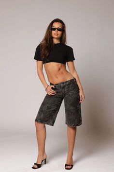 The Amelia Jort / Blackout Black Mid-rise Summer Pants, Mid-rise Black Summer Pants, Chic Mid-rise Bottoms For Streetwear, Mid-rise Pants For Summer Streetwear, Mid-rise Stretch Washed Black Bottoms, Trendy Fitted Summer Bottoms, Fitted Mid-rise Casual Shorts, Fitted Casual Bottoms For Summer, Fitted Straight Leg Summer Bottoms