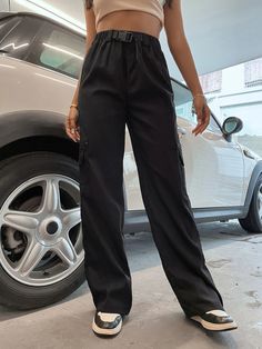 Add a unique and stylish twist to your wardrobe with these Flap Pocket Cargo Pants With Buckle Waist. These pants feature flap pockets that provide a functional and fashionable element to the design. The buckle waist adds an extra touch of detail and versatility. Made from high-quality materials, these cargo pants offer durability and a comfortable fit. Whether you dress them up or down, these flap pocket cargo pants with a buckle waist will make a statement in your outfit. Specifications: Style Versatile Fall Cargo Pants With Belt Loops, Chic Baggy Cargo Pants With Pockets, Chic Streetwear Bottoms With Pockets, Utility Pants With Flap Pockets, Trendy Straight Cargo Pants With Belt Loops, Trendy Straight Leg Pants With Flap Pockets, Baggy Mid-rise Pants With Belt Loops, Mid-rise Baggy Pants With Belt Loops, High Waist Parachute Pants With Pockets