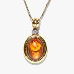 One Of A Kind 18k Amber Flower Cabochon Pendant * 18k Solid Yellow And White Gold * Oval Shaped Honey-Yellow Amber Cabochon With Flower Inclusion * Cz Stones * Handcrafted In Italy * Pendant Measurements Width: 18mm X Height 10.5mm (Including Loop) * Thickness: 10.5mm * 14k Yellow Gold Chain: Length 20" * Spring Ring Clasp Closure Gold Diamond Necklace With Cabochon, Diamond Cabochon Necklace For Anniversary, Diamond Cabochon Pendant Necklace, Luxury Oval Cabochon Necklace, Elegant Amber Oval Cabochon Necklace, Luxury Amber Oval Necklace, Elegant Oval Amber Necklaces, Luxury Amber Necklace With Polished Finish, Exquisite Jewelry With Oval Cabochon And Polished Finish