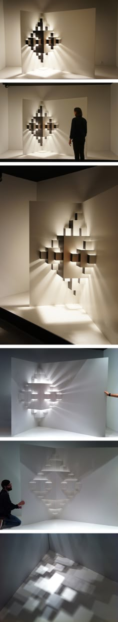 three different views of the same room with light coming in from each window and shadows on the floor