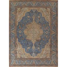 Rug Features: Style: Tabriz Weave Type: Hand Knotted KPSI: 140 Knots Per Square Inch Age: 40-50 Years Old Condition: Very Good (Evenly Low Pile) Primary Color: Navy Blue & Blues Color Details: Light Brown | Light Blue | Orange | Green | Dark Brown Size… Tabriz Rug, Persian Area Rugs, Vintage Area Rugs, Knotted Rugs, Wool Carpet, Rug Store, Floral Botanical, Rugs Online, Primary Color