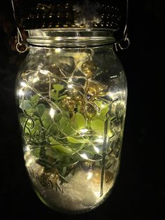 a glass jar filled with plants and lights in the dark, lit up at night