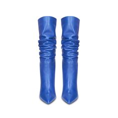 The Amaya is a classic knee-high boot, with sleek lines that enhances the legs contours. Crafted in a luxurious soft leather in the seasons hot hue—cobalt blue, it rests on a 4 inch stiletto heel and can also be worn slouchy. This timeless style is perfect for daytime or evening. ~section 2~ Handmade Padded Leather insole Leather outsole Color: Cobalt Blue Material: Leather Heel height: 4" (100 mm) Available in two calf sizes: regular and wider Calf Circumference (based on a size 6) Regular Fit: Blue Heeled Boots, Blue Heeled, Blue Leather Boots, Blue Stilettos, Women Dress Shoes, Blue High Heels, Designer High Heels, Blue Boots, Candy Girl