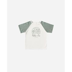 Super soft, relaxed fit raglan tee so he can play in style. Featuring our 'beachy' graphic on ivory and aqua. Machine wash cold. Tumble dry low. Made of 100% cotton Sporty Raglan Sleeve Summer Tops, Sporty Raglan Sleeve T-shirt For Summer, White Cotton Raglan Sleeve Top, Sporty Outdoor Tops With Screen Print, Casual Soft-washed Top With Raglan Sleeves, Graphic Print Raglan Sleeve Tee, Graphic Tee With Screen Print And Raglan Sleeves, White T-shirt With Front Print For Surfing, Raglan Sleeve Tops With Graphic Print In Relaxed Fit