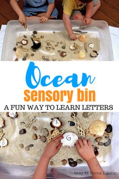 two children playing with an ocean activity bin for learning letters and numbers in the sand