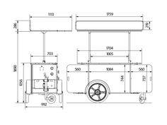 a drawing of the front and side view of a food truck, with measurements on it