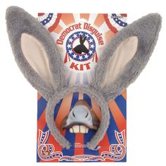 the donkey mask has ears and is grey with an american flag design on it's head