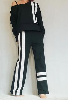 Casual Cotton Women Set Black Women Set Two Piece Modern | Etsy Black Trousers With Contrast Stripes, Black Cotton Bottoms With Contrast Stripes, Black Wide Leg Pants With Contrast Stripes, Black Wide-leg Pants With Contrast Stripes, Black Pants With Contrast Stripes For Loungewear, Black Stretch Pants With Contrast Stripes, Stretch Black Pants With Contrast Stripes, Fitted Black Pants With Contrast Stripes, Sport Set