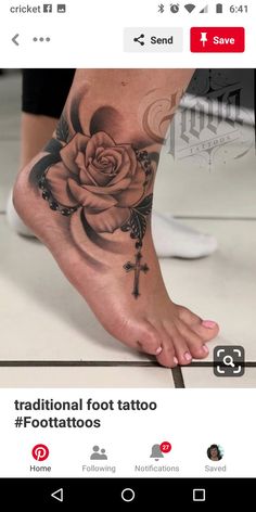 a foot with a rose tattoo on it and the words traditional foot tattoo for tattoos