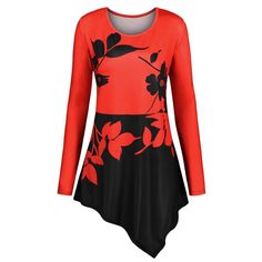 Plus Size Floral Color Block Asymmetric T-shirt - Red - 3D50010215 - Women's Clothing, Plus Size Women's Clothing  #PlusSizeWomensClothing #Women's #Clothing # #Plus #Size #Women's #Clothing Spandex Shirts, Valentine T Shirts, Women Long Sleeve Tops, Ebay Clothing, Floral Color, Asymmetrical Tops, Plus Size Womens Clothing, Fashion Seasons, Plus Size Swimwear