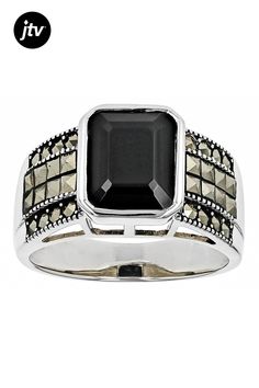 4.10ct Rectangular Octagonal Black Spinel With Round Marcasite Sterling Silver Ring. Measures Approximately 0.39"L x 0.45"W. Not sizeable. Black Spinel, Sterling Silver Ring, Silver Ring, Sterling Silver Rings, Silver Rings, Sterling Silver, Ring, Silver, Black