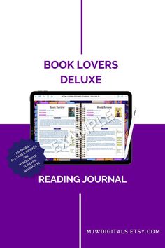 the book lover's deluxe reading journal is open and on top of a purple background