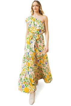 Beautiful full length maxi dress featuring bright summer floral prints and a one-shoulder neckline and ruffle overlay. Stretchy elastic band across the top and at the waist complete with a self-tie belt. CARE | Hand Wash Cold CONTENTS | Self: 100% Rayon/Lining: 100% Polyester MEASUREMENTS | 56"/142 cm Top to Bottom (Size Small) MODEL | 5'8 - wearing a size Small IMPORTED One-shoulder Maxi Dress For Garden Party, Spring Brunch One-shoulder Maxi Dress, Spring One Shoulder Dress With Floral Print, Summer One-shoulder Maxi Dress With Ruffles, One Shoulder Ruffle Summer Maxi Dress, One Shoulder Ruffled Summer Maxi Dress, Garden Party One Shoulder Maxi Dress With Ruffles, One-shoulder Ruffled Maxi Dress For Garden Party, One-shoulder Maxi Dress With Ruffles For Garden Party