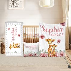 three baby crib bedding sets with pink flowers and giraffes