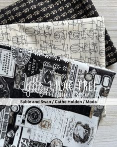 three pieces of fabric with black and white designs