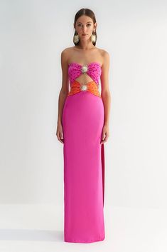 Pink-Orange Accessory Detailed Strapless Maxi Dress Length from Shoulder: 160 cm 95% Polyester, 5% Elastane Model Measurements: Height: 1.77 Bust: 83 Waist: 58 Hips: 89 cm  Model is wearing size S Orange And Pink Maxi Dress, Miami Vice Formal Dress, Fun Long Dresses, Vibrant Formal Dress, Pastel Evening Gowns, Two Piece Wedding Guest Dress, Multicolored Prom Dress, Pink And Orange Prom Dress, Colorful Formal Dresses