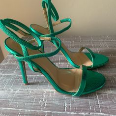 Beautiful Green Faux Leather Snake Embossed 4.5” Heels. Never Worn Only Tried On Around The House Green Ankle Strap Heels For Night Out, Green Strappy Heels With Wrapped Heel, Green Wrapped Heel For Night Out, Green Heels With Wrapped Heel For Night Out, Green Strappy Heels For Formal Occasions, Shoes Brand, Ankle Strap Heels, Strap Heels, Shoe Brands