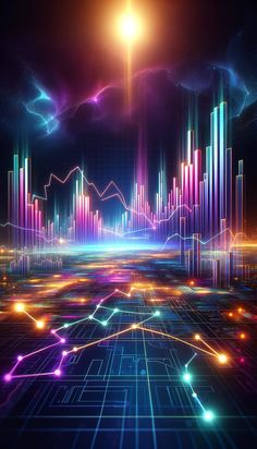 an abstract background with neon lights and lines in the air, on top of a cityscape