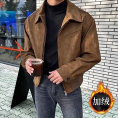 color: Brown thick, Size: XxXL Carhartt Jacket Outfit, Interchangeable Wardrobe, Suede Jacket Men, Male Outfits, Classy Outfits Men, Carhartt Jacket, Brown Suede Jacket, Suede Tops, Solid Brown