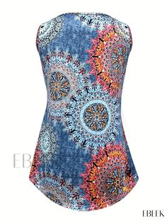 Ebeek - Womens Floral Print Crew Neck Tank Top - Stylish and Casual Sleeveless Apparel for Summer Multicolor Stretch Tank Top For The Beach, Blue Sleeveless Tank Top For Beach Season, Printed Stretch Tank Top For Summer, Multicolor Stretch Sleeveless Tops, Multicolor Sleeveless Tank Top For Beach Season, Sleeveless Multicolor Tank Top For Beach Season, Summer Sleeveless Patterned Top, Summer Patterned Sleeveless Top, Patterned Sleeveless Printed Tank Top