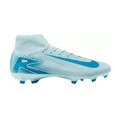 a white and blue soccer shoe on a white background