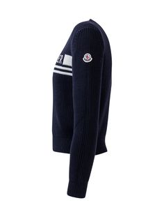 Blue long-sleeved sweater. Crew neck. Ribbed collar, cuffs and hem. Moncler logo embroidered on the front. Logo patch on the sleeve.Composition: Outside:, 100% Cotton Winter Long Sleeve Sweater With Striped Cuffs, Crew Neck Top With Striped Cuffs For Winter, Designer Winter Sweatshirt With Logo Detail, Designer Sweatshirt With Logo For Winter, Designer Sweatshirt With Logo Detail For Winter, Designer Winter Sweater With Logo Detail, Blue Winter Sweater With Striped Cuffs, Designer Long Sleeve Tops For Winter, Casual Winter Sweatshirt With Striped Cuffs