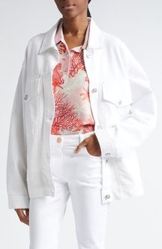 Dip into the season's vivid under-the-sea print via an inset foulard back panel on this white denim jacket in an oversized cut and set with Medusa-head buttons. 28" length (size 40IT) Front button closure Spread collar Button cuffs Chest button-flap patch pockets; front welt pockets Adjustable button side tabs 100% cotton with 100% polyester contrast Machine wash, dry flat Made in Italy Designer Clothing White Button-up Denim Jacket For Day Out, White Button-up Denim Jacket For Summer, White Cotton Summer Outerwear, White Cotton Denim Jacket For Summer, Oversized White Summer Outerwear, White Button-up Spring Outerwear, White Button-up Outerwear For Spring, White Cotton Denim Jacket For Day Out, Oversized White Cotton Denim Jacket