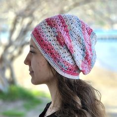 Bohemian Slouchy Crochet Beanie, Slouchy Crochet Bohemian Beanie, Slouchy Bohemian Crochet Beanie, Trendy Slouchy Crochet Beanie Hat, Pink One Size Beanie For Spring, Pink Spring Beanie One Size, Slouchy Crochet Beanie For The Beach, Pink Spring Beanie Cap, Casual Pink Beanie For Spring