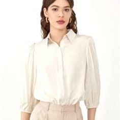 Ordered This And Forgot To Return Before Window Closed. Brand New, Never Worn. 100% Polyester. It’s A Buttery Smooth Material And Is An Off-White Cream Color Elegant Half Sleeve Summer Shirt, Elegant Solid Color Top With 3/4 Sleeves, Solid Color Half Sleeve Office Top, Office Half-sleeve Solid Color Tops, Chic Tops With 3/4 Sleeves For Work, Office Half Sleeve Tops, Chic Formal Top With 3/4 Sleeves, Formal Half Sleeve Tops For Summer, Elegant Half Sleeve Summer Blouse