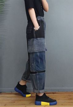 Casual Patchwork Denim Blue Bottoms, Casual Denim Blue Patchwork Bottoms, Relaxed Fit Denim Patchwork Bottoms, Relaxed Fit Denim Bottoms With Patchwork, Spring Dark Wash Bottoms With Side Pockets, Blue Patchwork Cotton Cargo Jeans, Casual Dark Wash Bottoms With Patchwork, Trendy Dark Wash Patchwork Bottoms, Non-stretch Dark Wash Patchwork Jeans