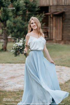 Circle Skirt Outfits, Bridesmaid Separates, Bridesmaid Tops, Light Blue Crop Top, Blue Crop Tops, Bridesmaid Robes, Wedding Outfits, Chiffon Skirt, Maxi Skirts