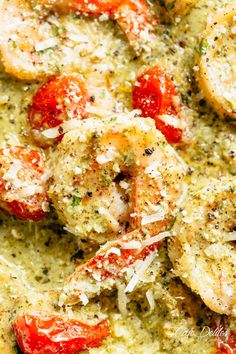 closeup of shrimp with tomatoes and parmesan cheese